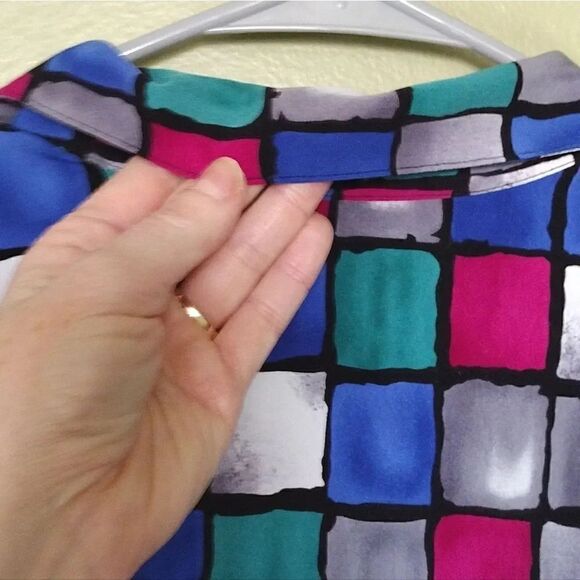 VTG 90s Colorful Colorblock Printed Button Down Satin Blouse Size 12 - Picture 13 of 15
